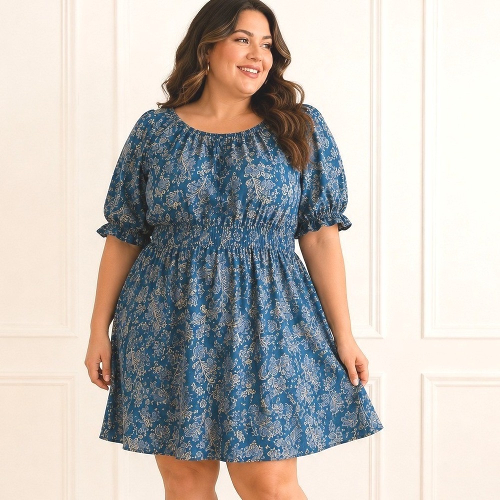 Torrid NWT Blue Floral Mini Dress Puff Sleeve Smocked Boho Cottagecore